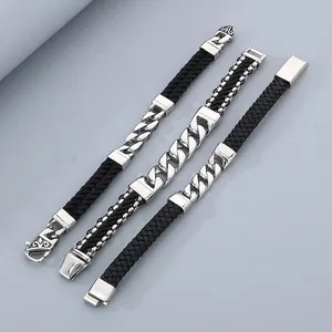 316L Stainless Steel Cuban Link Genuine Leather Braided Cord Men Retro Punk Bracelet Magnetic Buckle Jewelry Gift