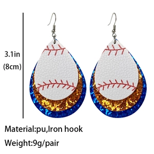 Three-layer faux leather teardrop earrings with baseball pattern, gold and blue glitter