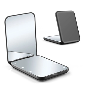 Detail of black portable LED makeup mirror showing open and closed folding states