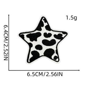 Star shaped embroidered patch with cow print texture and size dimensions for DIY decor