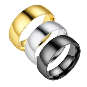 Minimalist 8mm stainless steel band rings set in gold, silver, and black colors