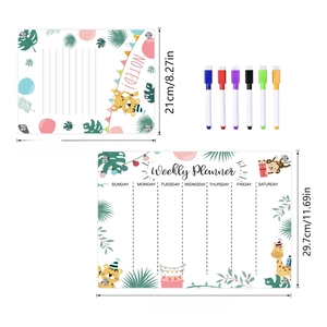 Detail view of magnetic acrylic weekly planner boards with markers and size specifications