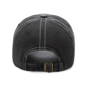 Back view of vintage washed cotton baseball cap with adjustable metal strap buckle