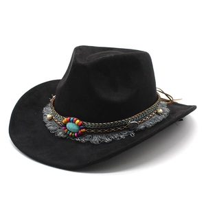 Black suede fedora with ethnic turquoise stone and colorful bohemian tassel band