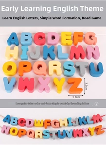 Macro view of 26 macaron-colored wooden letter beads for early education and stringing games