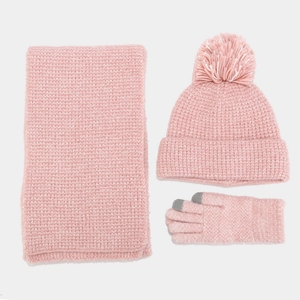 Pink winter knit set featuring thick scarf, hat with dual-color pompom and touchscreen gloves