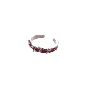 Silver bow ring with deep red enamel accents and adjustable open band for women