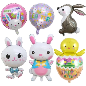 Detailed set of 6 foil balloons featuring Easter bunnies, eggs and Happy Easter prints