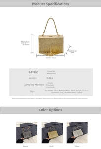 Detailed size specifications for rhinestone fringe evening clutch with 120cm chain strap