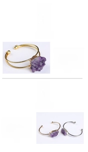 Detail of natural purple amethyst druzy bracelet with gold plating and unique raw stone