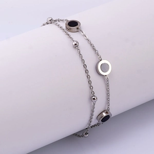Double-layer silver stainless steel bracelet with black and white shell round charms