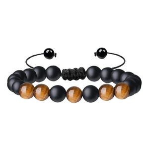 Adjustable hand-woven bracelet featuring natural tiger eye and black matte beads