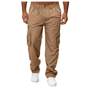 Men's khaki multi-pocket cargo pants in a relaxed straight fit with durable cotton fabric