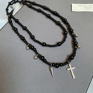 Y2K gothic double-layer black beaded necklace with silver cross and cone pendants
