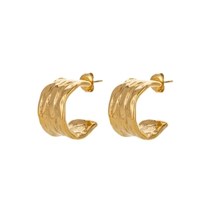 Polished gold-plated C-shaped stainless steel earrings with irregular hammered texture