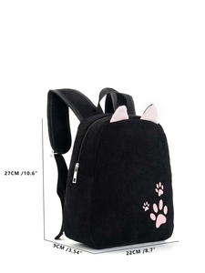 Black corduroy toddler backpack with pink cat ears and paw prints plus size markings