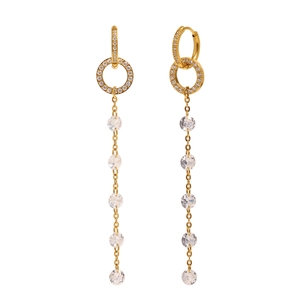 Elegant 18K gold plated stainless steel long tassel earrings with sparkling zircon stones