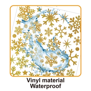 Close-up of golden glitter snowflake stickers showing waterproof vinyl material feature