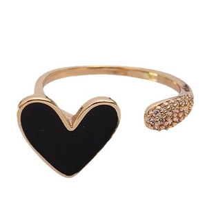 Rose gold open ring with black enamel heart and micro-pave cubic zirconia accents