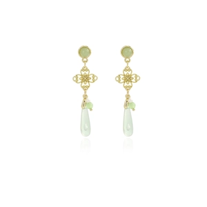 Detail of Chinese fan-shaped tassel earrings with green beads and golden filigree
