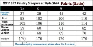 Detailed size chart for the paisley print satin shirt showing specific measurements