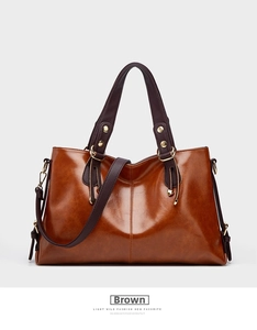 Brown genuine leather shoulder bag large capacity commute tote bag with contrasting handle