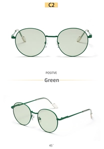 Front and 45-degree side view of vintage round green metal sunglasses frames