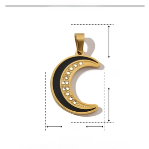 Macro view of gold crescent moon pendant with black enamel and dimensions 33mm by 20mm