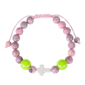 Detail of pink stone basketball bracelet with tennis beads and white cross on white background