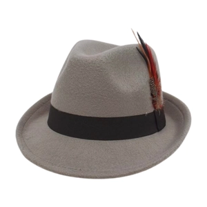 Classic light grey wool fedora hat with black ribbon and elegant feather decoration