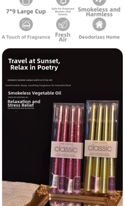 Set of 4 rose gold and gold smokeless vegetable oil dinner candles on a golden tray
