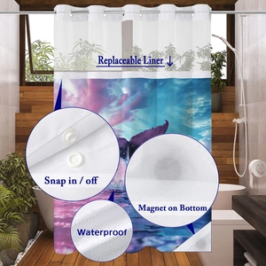 Detail of snap-in replaceable liner and bottom magnet on blue whale shower curtain
