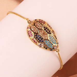 Luxury gold plated snake head bracelet with colorful zircon stones and devil eye design