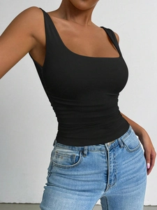 Slim fit black sleeveless tank top with square neckline for women casual summer style