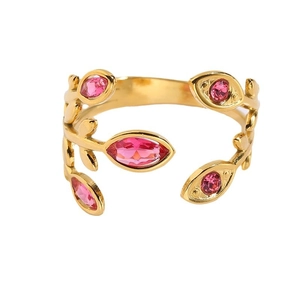 Elegant gold titanium steel ring with vine leaf design and pink gemstone accents