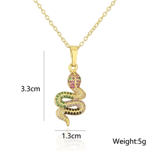 Detail of 18K gold plated snake pendant with colorful zircons and size specifications