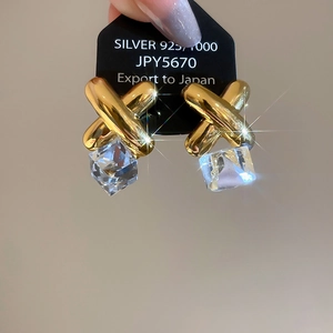 Detail of S925 silver square crystal drop earrings with gold cross design