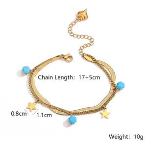 Detailed view of gold double-layer chain bracelet with blue beads and star pendant dimensions