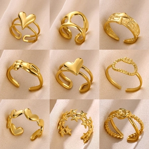 Stainless Steel Open Rings For Women Heart Star Geometric Hollow Knot Design Adjustable Trendy Fashion Jewelry Gold Plated