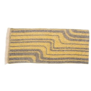 Macro detail of wave patterned knit scarf with yellow and grey texture and fringe edges