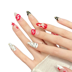 Punk style stiletto press-on nails with 3D red lips and star pattern designs