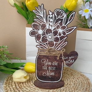 Detail of wooden flower mason jar ornament with You are THE BEST Mom engraving
