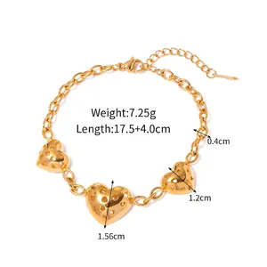Golden heart charm bracelet in stainless steel with hollow pendants and link chain