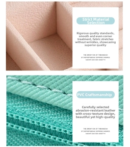 Détail macro du cuir PVC vert menthe grainé et de la doublure en velours rose du coffret