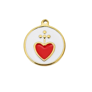 Detail of round gold-plated pendant with white enamel and red oil-dripped heart motif