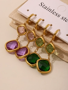 Three pairs of square faceted glass earrings in green and pink with stainless steel hooks