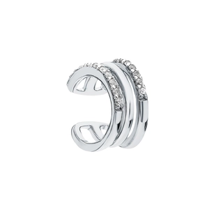 Macro shot of silver three-layer ear cuff with pave-set white cubic zirconia stones