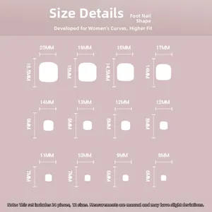 Size chart showing width and length for 24pcs black French heart press-on toenails