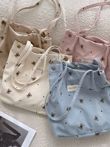 Sac À Main En Velours Côtelé Motif Ours Dessin Animé Cœur Grande Capacité Sac Bandoulière Pour Femmes Étudiants Kawaii