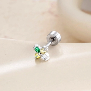 Delicate silver four-leaf clover stud earring with multi-color cubic zirconia stones